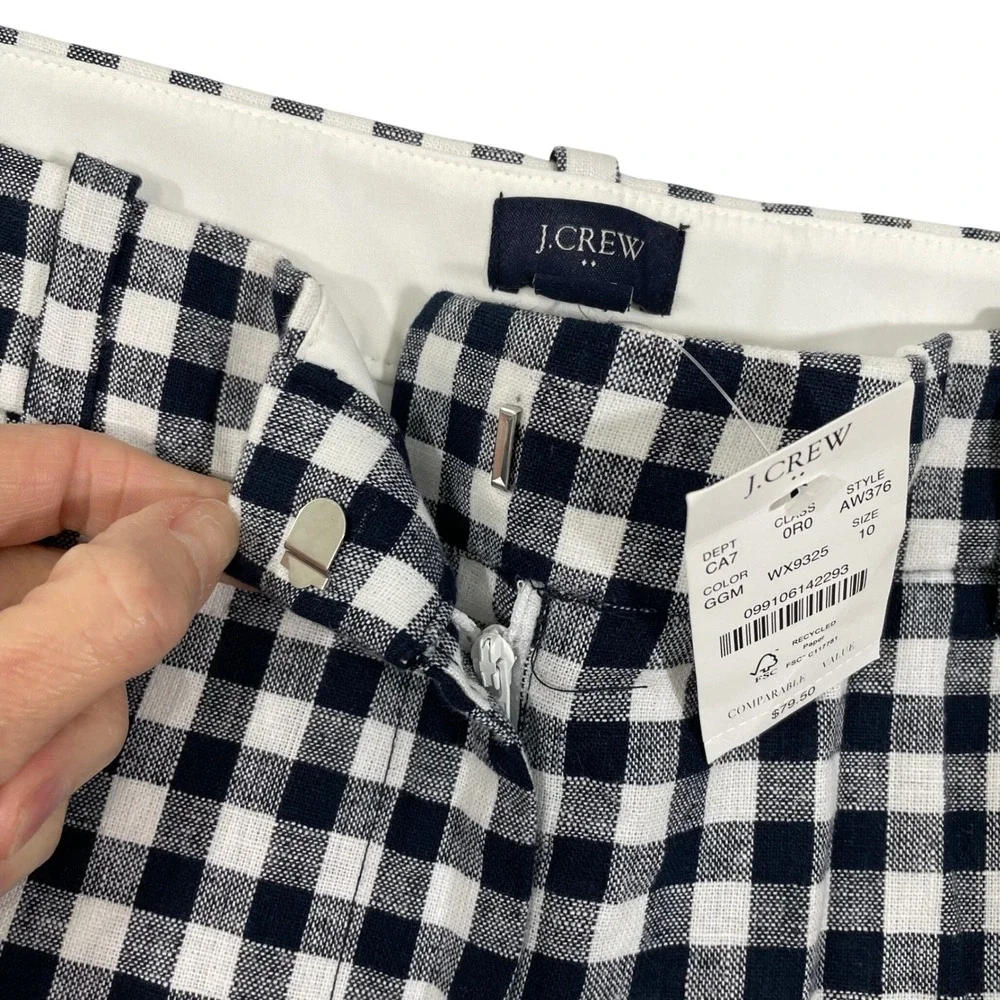 NWT J. Crew Gingham Linen Cotton Holland Pants‎ AW376 Blue White Size 10